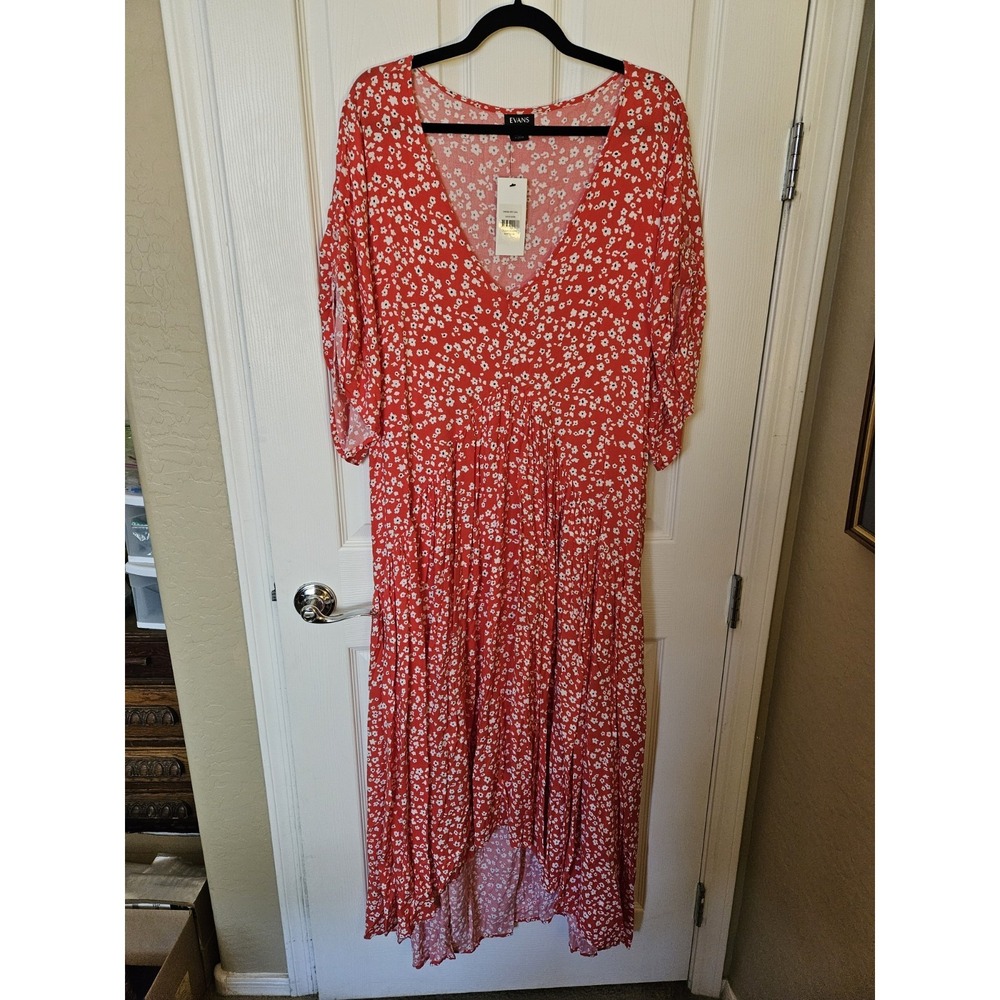 NWT Evans "Snow Pea" Red Floral Roll-Tab SS Hi/Low Maxi Dress Plus Sz. 22/24